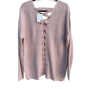 So Womens Pink Lace-Up Back Chunky Knit Pullover Long Sleeve Tunic Sweater New X